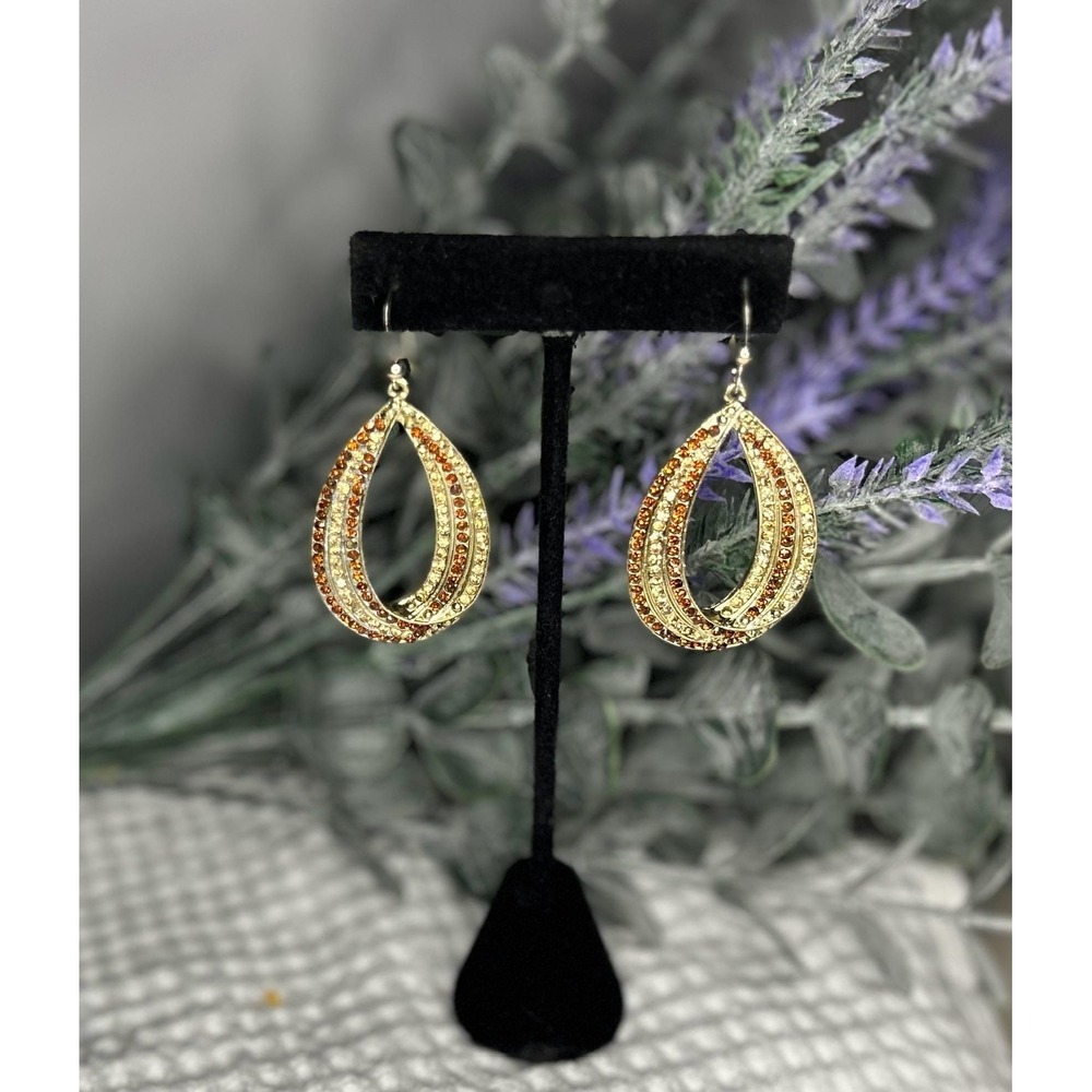 Y2K Gold Tone with Brown/Champagne Rhinestone Dangle Earrings